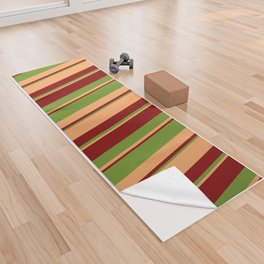 [ Thumbnail: Brown, Green & Maroon Colored Striped/Lined Pattern Yoga Towel ]