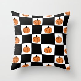 Hand Drawn Pumpkin Checkerboard Pattern (orange/black/white) Throw Pillow