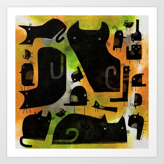 BLACK BIRDS & CATS Art Print