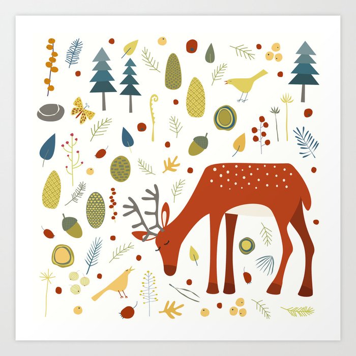Deer and Forest Things Art Print