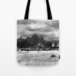 Horse and Grand Teton (Black and White) Tote Bag
