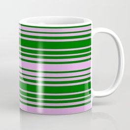 [ Thumbnail: Dark Green and Plum Colored Striped Pattern Coffee Mug ]