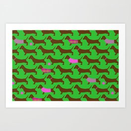 Dachshunds in sweaters on green Art Print