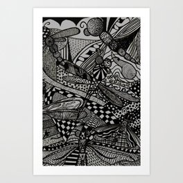 Dragonfliesss Art Print | Design, Dots, Checkers, Swirls, Ink, Black, White, Stars, Pattern, Drawing 