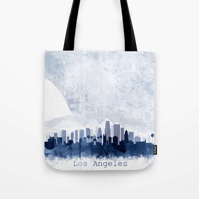 Los Angeles Skyline & Map Watercolor Navy Blue, Print by Zouzounio Art Tote Bag