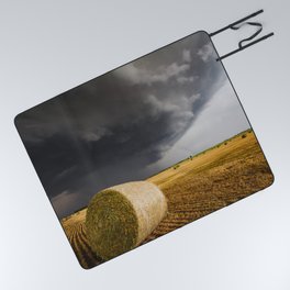 Spinning Gold - Storm Over Hay Bales in Kansas Field Picnic Blanket