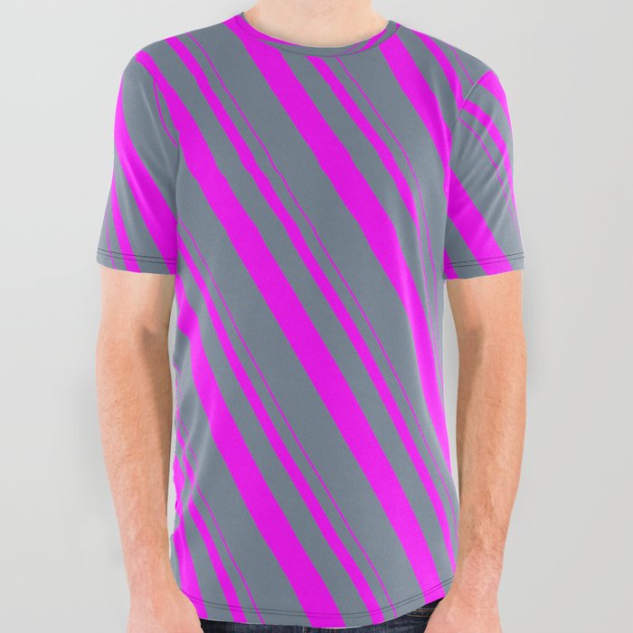 Fuchsia and Slate Gray Colored Lines/Stripes Pattern All Over Graphic Tee