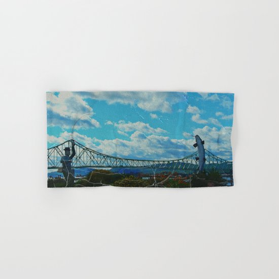 Aged Angler and Fish at the Campelton Bridge Hand & Bath Towel