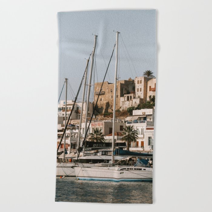 Greek Harbor with Sailing Boats | Cycladic Island of Naxos in the Mediterranean | Travel Photography Beach Towel