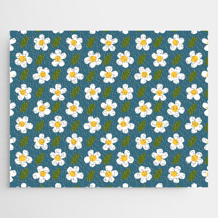 Mini White Flowers Retro Daisy Pattern Midnight Jigsaw Puzzle