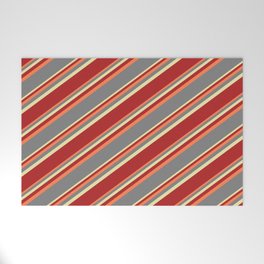 [ Thumbnail: Coral, Grey, Pale Goldenrod, and Red Colored Striped Pattern Welcome Mat ]
