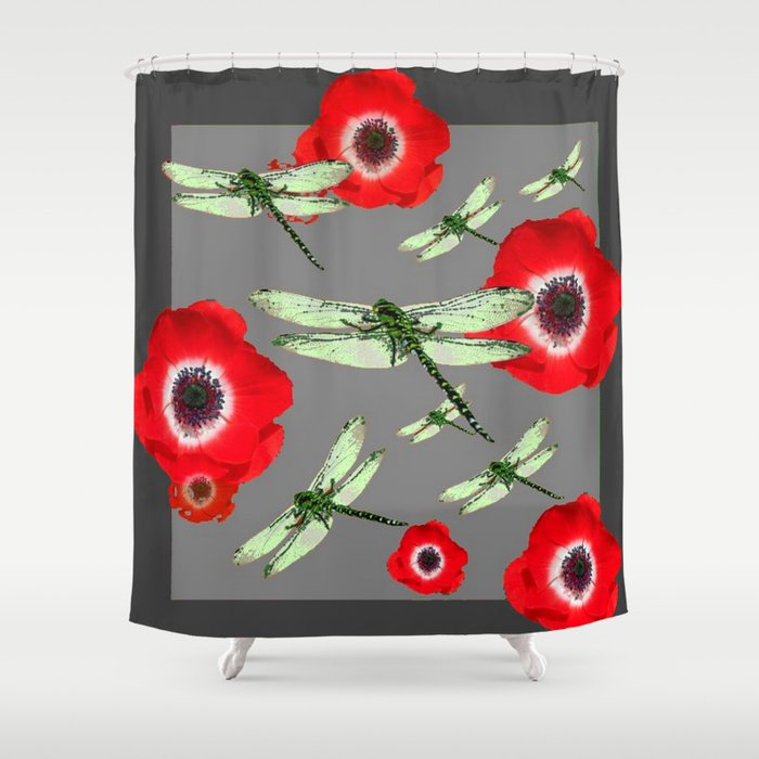 Emerald Green Dragonflies Red Poppy Flowers Grey Art Shower Emerald Green Dragonflies Red Poppy Flowers Grey Art Shower Curtain By Sharlesart Society6