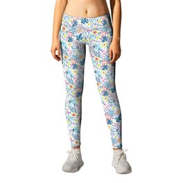 Whimsical Blue Summer Tropical Wildflowers Leggings