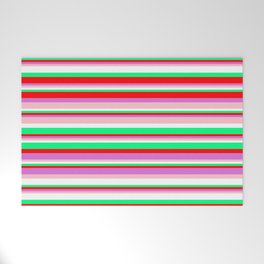 [ Thumbnail: Colorful Green, Red, Orchid, Pink, and White Colored Pattern of Stripes Welcome Mat ]