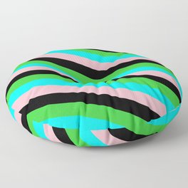 [ Thumbnail: Lime Green, Cyan, Light Pink & Black Colored Striped Pattern Floor Pillow ]