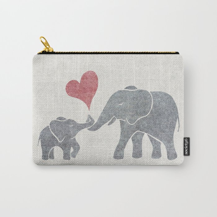 Elephant Hugs with Heart in Muted Gray and Red Carry-All Pouch
