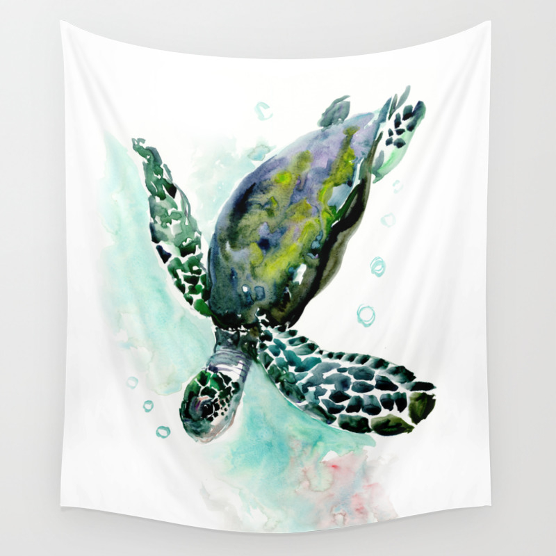Sea Turtle, underwater scene, green turquoise beach house design Wall  Tapestry by sureart