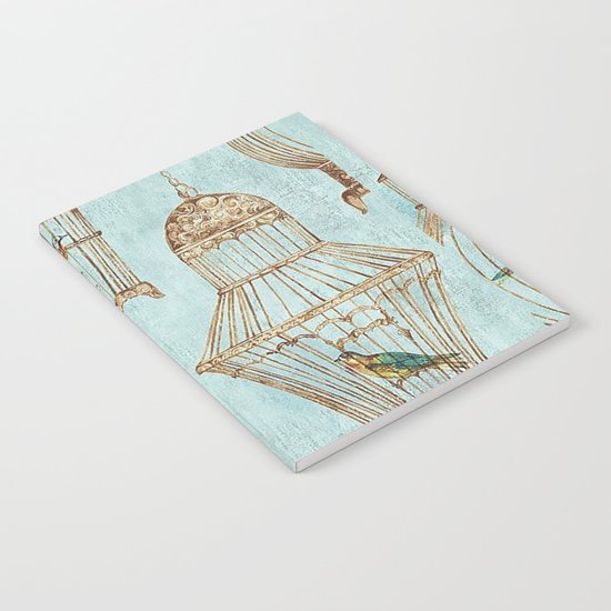 Vintage dream- Exotic colorful birds in cages on aqua background #Society6 Notebook