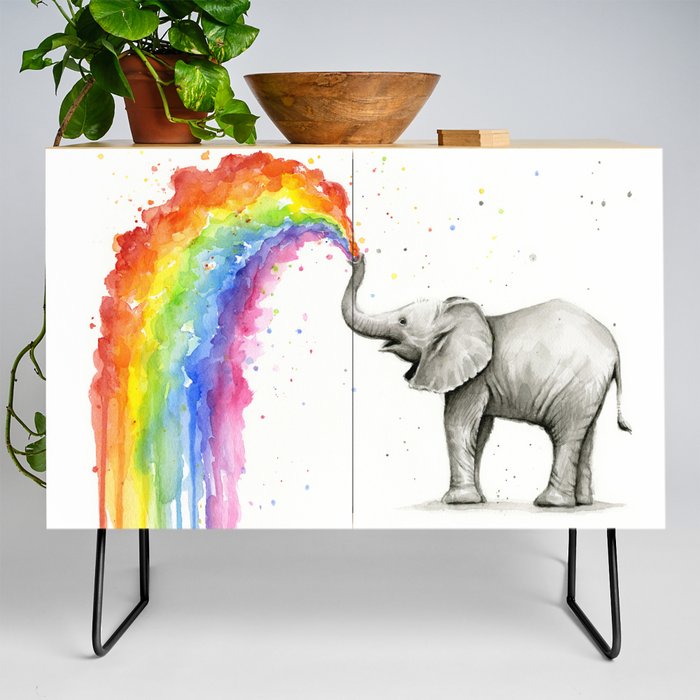 Baby Elephant Spraying Rainbow Credenza