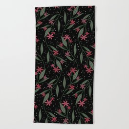 Blush pink floral branches on black background Beach Towel