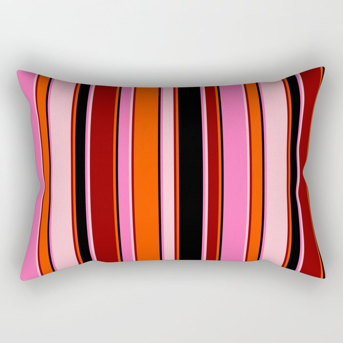 Eye-catching Hot Pink, Black, Red, Dark Red, and Pink Colored Stripes/Lines Pattern Rectangular Pillow