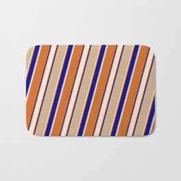 [ Thumbnail: Tan, Beige, Chocolate & Dark Blue Colored Lines Pattern Bath Mat ]