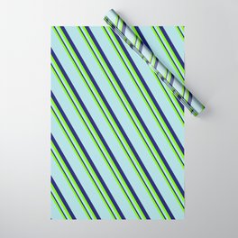 [ Thumbnail: Green, Powder Blue, and Midnight Blue Colored Pattern of Stripes Wrapping Paper ]