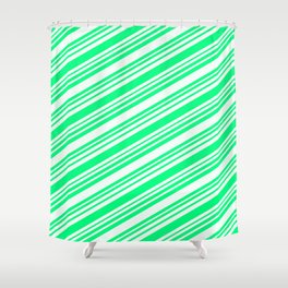 [ Thumbnail: Green and Mint Cream Colored Lines/Stripes Pattern Shower Curtain ]