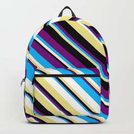 [ Thumbnail: Eye-catching Purple, Deep Sky Blue, White, Tan & Black Colored Striped Pattern Backpack ]
