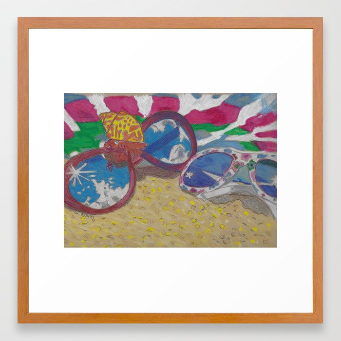 At the Beach Sunglasses Lying on the Sand with a Hermit Crab and Beach Towel Framed Art Print