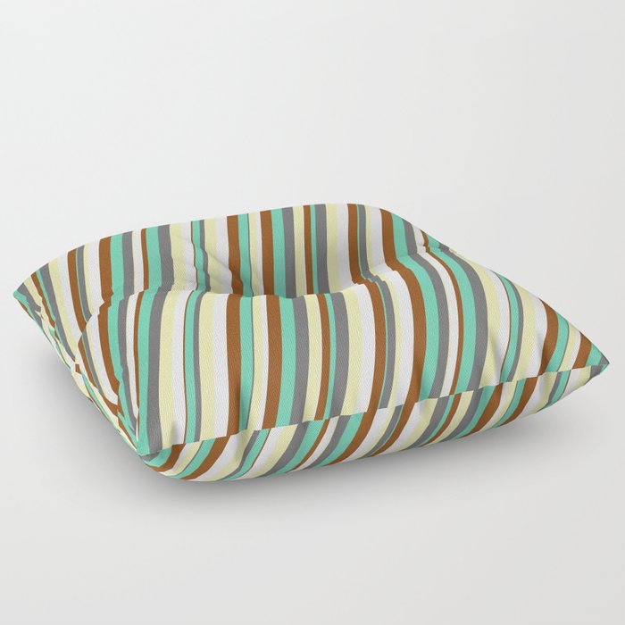Vibrant Aquamarine, Dim Grey, Pale Goldenrod, Mint Cream, and Brown Colored Lined Pattern Floor Pillow