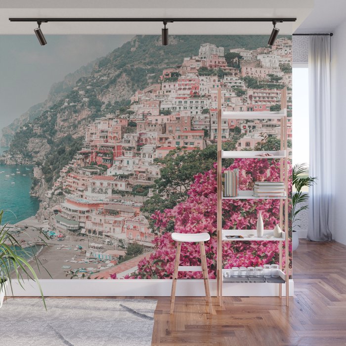 Positano Italy Beach Scenic Pink Flowers Travel Photography Wall Mural