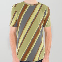 [ Thumbnail: Dim Grey, Brown, Dark Khaki, and Tan Colored Lined/Striped Pattern All Over Graphic Tee ]