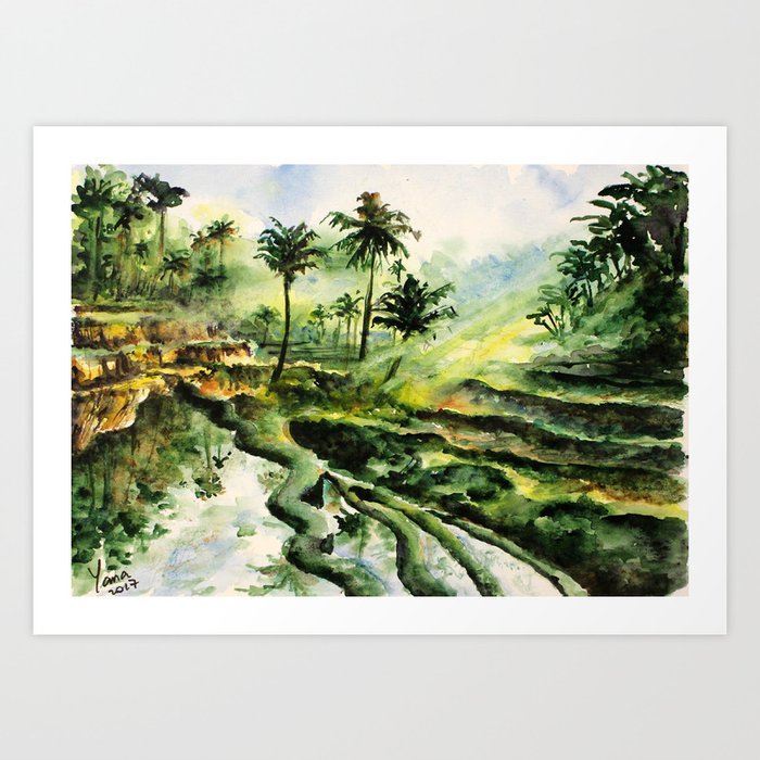 Sunny rice fields of Bali, Indonesia - Watercolor art Art Print