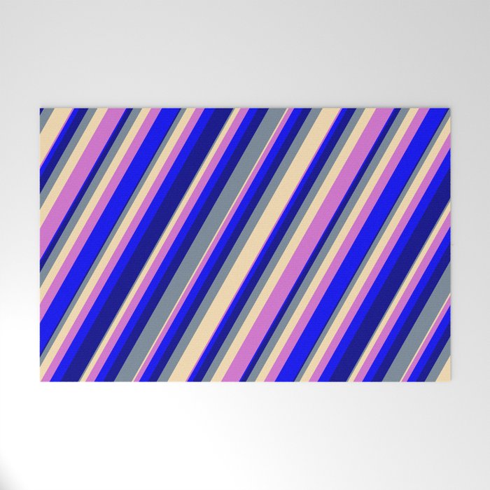 Light Slate Gray, Beige, Orchid, Blue & Dark Blue Colored Striped Pattern Welcome Mat
