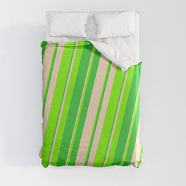 [ Thumbnail: Bisque, Chartreuse, and Lime Green Colored Striped Pattern Duvet Cover ]