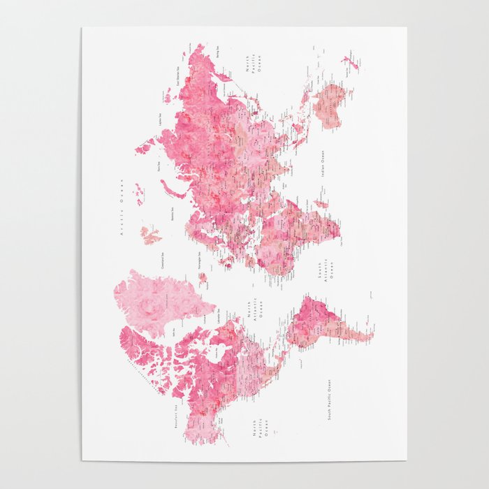 Pink detailed watercolor world map with cities Azalea Poster