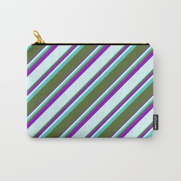 [ Thumbnail: Turquoise, Dark Olive Green, Dark Violet & Light Cyan Colored Striped/Lined Pattern Carry-All Pouch ]