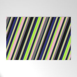 [ Thumbnail: Eye-catching Midnight Blue, Light Green, Pink, Dim Grey, and Black Colored Striped Pattern Welcome Mat ]
