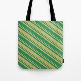 [ Thumbnail: Dark Khaki & Sea Green Colored Striped Pattern Tote Bag ]