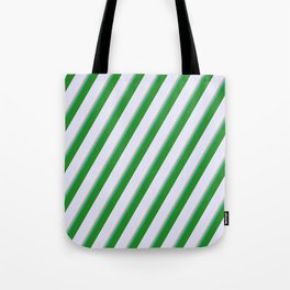 [ Thumbnail: Tan, Light Sea Green, Forest Green, and Lavender Colored Lined/Striped Pattern Tote Bag ]