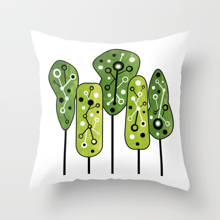 Mid Century Modern Watercolor Trees // Circles and Lines // Green, Black and White Throw Pillow