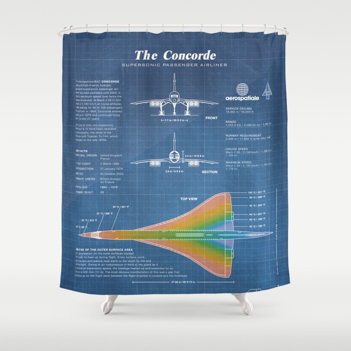 Concorde Supersonic Airliner Blueprint (light blue) Shower Curtain by