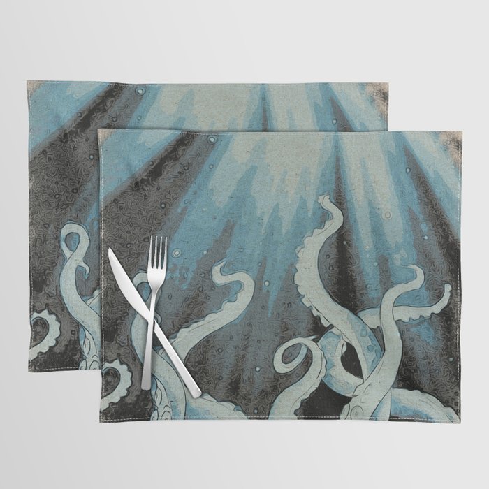 Tentacles Grey Blue Comic Woodblock Style Placemat