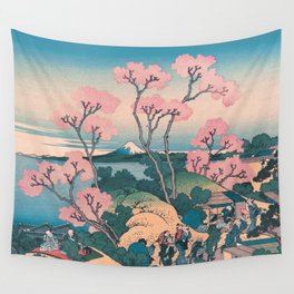 Spring Picnic under Cherry Tree Flowers, with Mount Fuji background Wall Tapestry