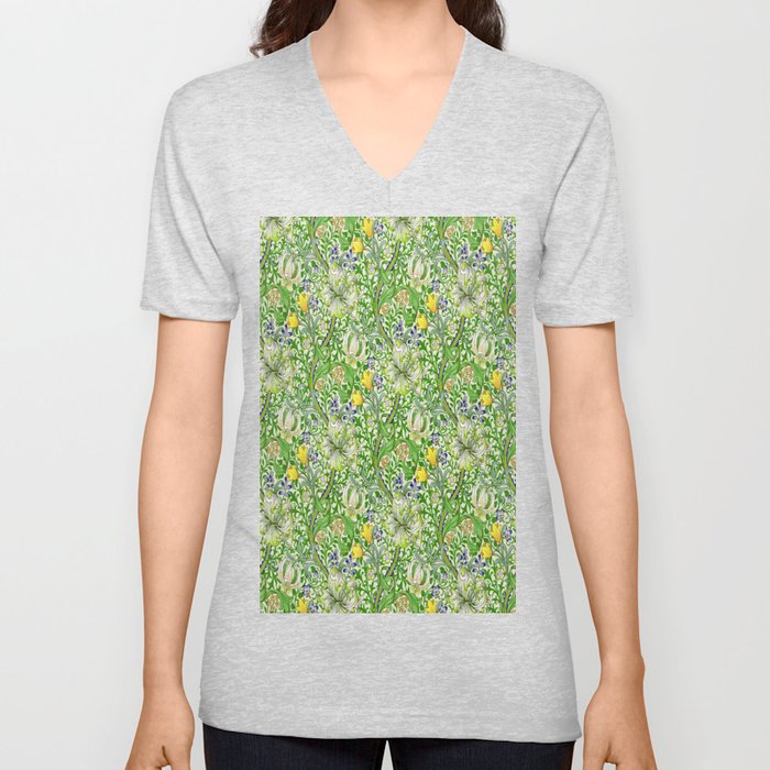 William Morris (1834-1896) & John Henry Dearle (1859-1932) - Golden Lily (Green Peas/Gold variant) - 1899 - Arts and Crafts - Floral, Scrolling Foliage - Digitally Enhanced Version - V Neck T Shirt
