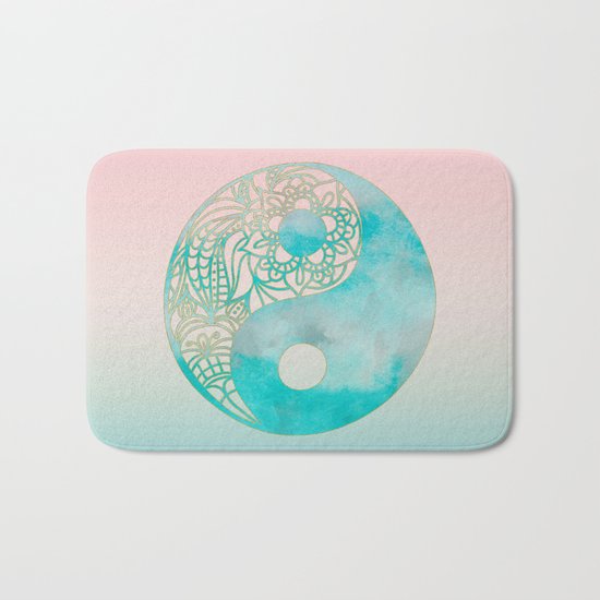 Yin Yang Watercolor Esoteric Symbol in teal and soft pink Bath Mat