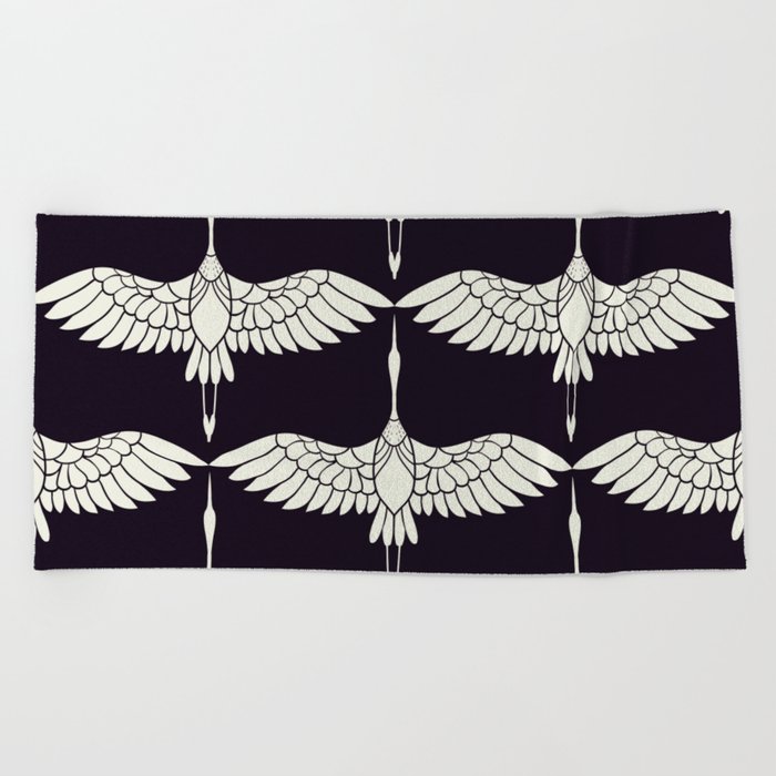 Japanese Crane Ornate Art Deco Black & White Pattern Beach Towel