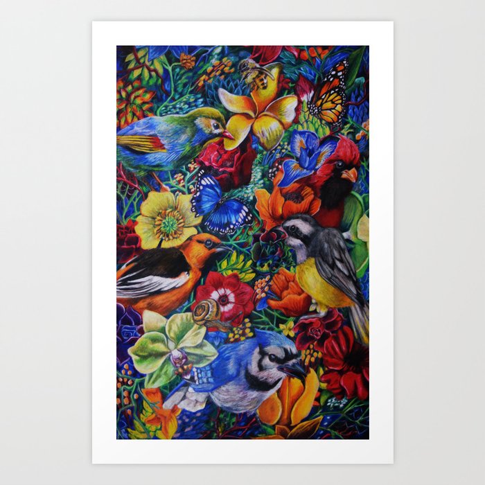 Feathered Foliage Bird Colored Pencil Drawing Art Print By