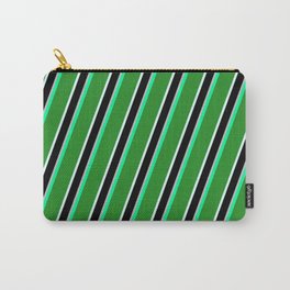 [ Thumbnail: Colorful Green, Forest Green, Light Cyan, Black & Grey Colored Lined Pattern Carry-All Pouch ]